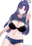  1girl absurdres amai-pai armpits artist_name black_bra blue_archive blue_buruma bra breasts buruma cleavage clothes_lift collarbone dutch_angle facepaint fanbox_username halo highres huge_breasts long_hair looking_at_viewer navel official_alternate_costume patreon_username presenting_armpit purple_eyes purple_hair shirt_lift simple_background solo star_(symbol) steaming_body stomach sweat underwear very_long_hair white_background yuuka_(blue_archive) yuuka_(track)_(blue_archive) 