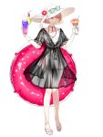  1girl binzoko brown_hair crazy_straw cup dairoku_ryouhei doll_joints drink drinking_straw flower food fruit full_body hanazono_tsubaki_(dairoku_ryouhei) hat hat_flower hat_ribbon highres holding holding_cup holding_drink ice_cream_cone innertube joints melon melon_slice pink_eyes red_nails ribbon sandals see-through short_hair solo sparkle standing swim_ring transparent_background unworn_eyewear whipped_cream white_footwear white_headwear white_ribbon 