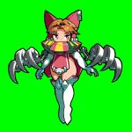  1girl benikurage_(cookie) boots bright_pupils brown_eyes brown_hair claw_(weapon) commentary_request cookie_(touhou) covered_mouth elbow_gloves floating full_body gloves green_eyes hakurei_reimu highres looking_to_the_side mecha_musume medium_bangs no_panties parted_bangs short_hair simple_background solo thigh_boots tonchamon_san touhou weapon white_footwear white_gloves white_pupils 