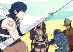  2boys 2girls aversa_(fire_emblem) bangs breasts chrom_(fire_emblem) cleavage faceless faceless_male fingernails fire_emblem fire_emblem_awakening hiomaika large_breasts long_fingernails lucina_(fire_emblem) multiple_boys multiple_girls navel parted_bangs shoulder_tattoo tattoo 