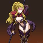  1girl af2345 alternate_costume alternate_eye_color black_dress black_wings blonde_hair boots breasts center_opening clair_(fire_emblem) cleavage commentary cowboy_shot dress feathered_wings fire_emblem fire_emblem_echoes:_shadows_of_valentia glowing glowing_eyes gradient_background groin highres holding holding_polearm holding_weapon large_breasts long_hair navel polearm ponytail red_eyes revealing_clothes simple_background solo thigh_boots thighhighs twitter_username weapon wings 