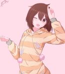  1girl :d absurdres animal_print artist_logo artist_name bob_cut breasts brown_eyes brown_hair clenched_hand commentary curled_fingers drawstring english_commentary hair_between_eyes hand_to_head hands_up highres hirasawa_yui hood hood_down k-on! kurumimi_birb long_sleeves messy_hair one_eye_closed open_mouth pajamas pom_pom_(clothes) rabbit_print short_hair signature simple_background small_breasts smile solo striped_clothes striped_pajamas upper_body 