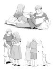  1boy 1girl aged_down animal barefoot book brother_and_sister cat cattail child closed_eyes dress dungeon_meshi falin_thorden frs2 highres holding holding_book kitten knee_up laios_thorden layered_sleeves leaning_to_the_side long_sleeves monochrome multiple_views open_book outstretched_arm pants petting pillow plant profile reading shirt shoes short_hair short_over_long_sleeves short_sleeves shorts siblings side-by-side simple_background sitting smile standing 