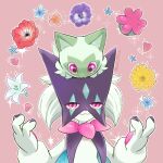  closed_mouth commentary_request flower hands_up highres koso2023 looking_at_viewer meowscarada on_head outline pink_background pink_eyes pokemon pokemon_(creature) pokemon_on_head smile sparkle sprigatito 