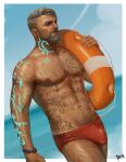  1boy abs artist_name bara beard blurry blurry_background body_markings border bracelet bulge chest_hair cloud day dead_by_daylight facial_hair grey_hair highres holding holding_swim_ring innertube jewelry large_pectorals male_focus male_swimwear mature_male muscular muscular_male navel nipples outdoors pectorals phindraws red_male_swimwear short_hair sky solo swim_ring vittorio_toscano white_border 