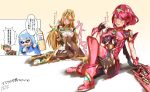  bangs bare_shoulders black_gloves blonde_hair breasts chest_jewel clothing_cutout cosplay crossover dress gloves highres ikamusume ikamusume_(cosplay) inkling large_breasts mythra_(massive_melee)_(xenoblade) mythra_(xenoblade) pyra_(xenoblade) red_eyes red_hair red_shorts rex_(xenoblade) samu_poteto shinryaku!_ikamusume short_dress short_hair short_shorts shorts splatoon_(series) swept_bangs translation_request white_dress xenoblade_chronicles_(series) xenoblade_chronicles_2 yellow_eyes 