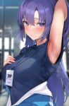  1girl :o arm_up armpits black_shirt blue_archive blurry blurry_background blush breasts jacket lanyard long_hair looking_at_viewer medium_breasts official_alternate_costume presenting_armpit purple_eyes purple_hair shirt solo star_sticker steaming_body sticker_on_face sweat track_jacket upper_body very_long_hair yuuka_(blue_archive) yuuka_(track)_(blue_archive) yuyu_(yuyuworks) 