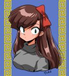  1girl blue_background bow breasts brown_hair cropped_torso green_eyes grey_sweater hair_bow kuonji_ukyou long_hair looking_at_viewer medium_breasts raised_eyebrows ranma_1/2 red_bow signature simple_background sweater wanta_(futoshi) 