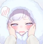  1girl 1other blue_archive blue_eyes blush embarrassed fur_trim hands_on_another&#039;s_face highres himari_(blue_archive) hood hood_up looking_at_viewer machico_maki mole mole_under_eye open_mouth parka portrait pov pov_hands signature solo_focus spoken_blush wavy_mouth white_hair 
