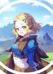  1girl arms_behind_back bangs blonde_hair blue_tunic braid breasts cape cat_princess cloud cloudy_sky green_eyes hair_ornament hairclip high_collar laughing looking_at_viewer medium_breasts mountain open_mouth outdoors parted_bangs pointy_ears princess_zelda puffy_sleeves shirt short_hair sky smile solo teeth the_legend_of_zelda the_legend_of_zelda:_breath_of_the_wild upper_body upper_teeth white_shirt 