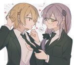  2girls adjusting_clothes adjusting_necktie blazer blonde_hair chanmi_159160 glasses green_eyes grey_hair hair_over_one_eye heart heaven_burns_red izumi_yuki_(heaven_burns_red) jacket kayamori_ruka long_hair long_sleeves multiple_girls necktie open_clothes open_jacket red_eyes round_eyewear shirt short_hair white_background white_shirt yuri 