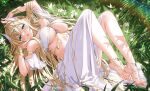  1girl absurdres arm_up armpits ass azur_lane bare_legs bare_shoulders barefoot bikini blonde_hair blue_eyes bracelet breasts circlet detached_sleeves devil_heavens feet glorious_(azur_lane) grass hand_up head_wings highres jewelry large_breasts legs_up long_hair looking_at_viewer lying nature on_back open_mouth pelvic_curtain short_sleeves skirt solo swimsuit thighs toes underboob very_long_hair white_bikini white_skirt wings 