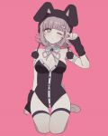  1girl ;( absurdres animal_ears animal_hood black_leotard blush breasts brown_hair chi_gu cleavage collarbone danganronpa_(series) danganronpa_2:_goodbye_despair detached_collar fake_animal_ears fake_tail fishnet_thighhighs fishnets frown galaga hair_ornament hand_up highres hood large_breasts leotard looking_at_viewer medium_hair mole mole_on_breast nanami_chiaki official_alternate_costume pink_eyes pink_footwear playboy_bunny rabbit_hood rabbit_tail seiza shiny_skin sitting solo tail thighhighs 