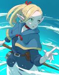  1girl absurdres belt_pouch blonde_hair blue_capelet blue_robe braid bright_pupils capelet casting_spell choker dated dungeon_meshi elf green_eyes highres holding holding_staff hydrokinesis long_hair magic marcille_donato open_mouth pants pointy_ears ponytail pouch red_choker robe signature solo staff tsunemoku water white_pants white_pupils 