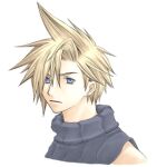  1boy blonde_hair blue_eyes blue_sweater cloud_strife cropped_shoulders earrings expressionless final_fantasy final_fantasy_vii jewelry looking_at_viewer lowres male_focus rendezvous simple_background sleeveless sleeveless_sweater sleeveless_turtleneck solo spiked_hair stud_earrings sweater turtleneck turtleneck_sweater upper_body white_background 