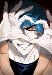  1boy black_shirt blue_hair fangs grin heart heart_hands jumpsuit male_focus muscular muscular_male orange_jumpsuit red_background red_eyes rei_(lemon2525) scar scar_on_cheek scar_on_ear scar_on_face shadow shirt short_hair smile solo thick_eyebrows toriko toriko_(series) 