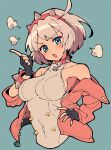  1girl black_gloves blue_background breasts collarbone covered_navel elphelt_valentine fingerless_gloves gloves grey_hair guilty_gear hairband highres index_finger_raised itsuka_neru jacket large_breasts looking_at_viewer open_mouth pink_jacket short_hair sideboob simple_background solo upper_body 