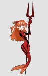  1girl bad_link blue_eyes drawfag full_body gloves highres lance_of_longinus_(evangelion) looking_at_viewer mermaid monster_girl neon_genesis_evangelion orange_hair plugsuit red_gloves simple_background smile solo souryuu_asuka_langley 