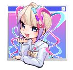  1girl :d blonde_hair blue_bow blue_eyes blue_hair blue_shirt blunt_bangs bow chouzetsusaikawa_tenshi-chan collared_shirt commentary cropped_torso english_commentary gradient_hair hair_bow hand_on_own_chin hand_up heart long_hair long_sleeves looking_at_viewer memento1315 multicolored_hair multiple_hair_bows needy_girl_overdose open_mouth pink_bow pink_hair purple_bow purple_hair quad_tails sailor_collar shirt smile solo upper_body window_(computing) yellow_bow 