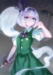  1girl absurdres black_bow black_bowtie black_hairband bow bowtie closed_mouth collared_shirt commentary_request ghost green_skirt green_vest grey_hair gvxvg00 hairband highres holding holding_sword holding_weapon konpaku_youmu konpaku_youmu_(ghost) looking_at_viewer shirt short_hair short_sleeves skirt solo sword thumbs_down touhou vest weapon white_shirt zoom_layer 