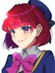  1girl 21kinoko12 arima_kana beret blue_headwear blue_vest blush bob_cut closed_mouth hat hat_ribbon highres inverted_bob looking_at_viewer oshi_no_ko pink_ribbon red_eyes red_hair ribbon school_uniform short_hair simple_background smile solo upper_body vest white_background youtou_high_school_uniform 