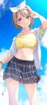  1girl absurdres bikini blue_skirt blue_sky blush closed_mouth commentary_request grey_hair hairband hand_up highres holding holding_ribbon looking_at_viewer love_live! love_live!_nijigasaki_high_school_idol_club midriff nakasu_kasumi navel nyako_(utaneko31) open_clothes open_shirt plaid plaid_skirt purple_eyes ribbon shirt short_hair skirt sky solo standing swept_bangs swimsuit upper_body white_hairband white_shirt yellow_bikini yellow_ribbon 