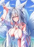  1girl animal_ears arm_up azur_lane bikini blue_eyes blue_sky blush breasts cleavage cloud cloudy_sky commentary_request day detached_sleeves fox_ears fox_girl grey_hair hair_between_eyes highres hirorinwelcome kitsune kyuubi large_breasts leaning_forward light_smile long_hair looking_at_viewer mole mole_under_eye multiple_tails ocean official_alternate_costume shinano_(azur_lane) shinano_(dreamy_white_sands)_(azur_lane) sky solo swimsuit tail v wet wet_clothes white_bikini white_sleeves 