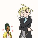  2boys ahoge blonde_hair closed_eyes commentary_request dark-skinned_male dark_skin ear_piercing gladion_(pokemon) gladion_(sygna_suit)_(pokemon) green_hair hair_over_one_eye hau_(pokemon) hau_(sygna_suit)_(pokemon) highres jacket male_focus mitarashi_(mtr_edmm) multiple_boys official_alternate_costume open_clothes open_jacket piercing pokemon pokemon_masters_ex simple_background sparkle white_background 