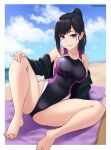  1girl absurdres barefoot beach black_hair black_jacket blue_sky breasts cloud collarbone competition_swimsuit day dootmoon english_commentary highres jacket long_hair looking_at_viewer medium_breasts one-piece_swimsuit open_clothes open_jacket original outdoors purple_eyes sky solo swimsuit 