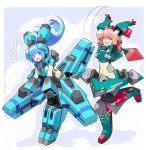  2girls arms_up black_gloves blue_eyes blue_hair breasts cosmic_break gloves headgear leg_armor lily_rain mecha_musume mechanical_skirt medium_breasts multiple_girls navel official_art open_mouth pink_hair short_hair sideboob sideless_outfit small_breasts smile surprised wakaba_sprout winberrl 