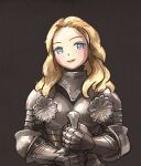  1girl armor blonde_hair blue_eyes breastplate closed_mouth english_commentary full_armor gauntlets holding holding_weapon ironlily looking_at_viewer medium_hair photo-referenced plate_armor real_life shoulder_armor solo upper_body weapon 
