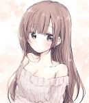  1girl aran_sweater ba_ra_ran bare_shoulders blush breasts brown_hair cable_knit cleavage collarbone highres idolmaster idolmaster_cinderella_girls igarashi_kyoko long_hair looking_at_viewer medium_breasts off-shoulder_sweater off_shoulder solo straight_hair sweater very_long_hair white_sweater 