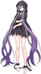  1girl absurdres ankle_cuffs barefoot blue_eyes chain collar counter:side cuffs full_body highres light_smile long_hair official_art purple_hair rags smile solo standing tachi-e toes torn_clothes transparent_background 
