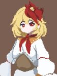  1girl animal_on_head ascot bird bird_on_head blonde_hair brown_background long_sleeves multicolored_hair nito2230 niwatari_kutaka on_head pixel_art puffy_long_sleeves puffy_sleeves red_ascot red_eyes red_hair short_hair solo touhou two-tone_hair upper_body white_sleeves 