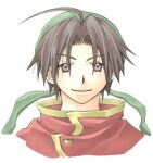  1boy ahoge bandana brown_hair gensou_suikoden green_bandana happy high_collar looking_at_viewer lowres male_focus parted_bangs rendezvous short_hair simple_background smile solo tir_mcdohl upper_body white_background 
