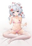  1girl absurdres animal_ear_legwear animal_ears animal_on_head armpit_crease baiyuan_yaoyao bikini bird bird_on_head blue_eyes blush bow breasts cameltoe collarbone dog_ear_legwear dog_ears dog_girl finger_to_cheek flower full_body grey_hair groin hair_bow hair_flower hair_ornament hairclip head_tilt highres index_finger_raised indian_style indie_virtual_youtuber lenka1264504528 licking_lips looking_at_viewer low_twintails medium_hair micro_bikini navel no_shoes on_head paw_print pink_bikini rabbit_hair_ornament red_bow red_flower side-tie_bikini_bottom simple_background sitting skindentation small_breasts solo stomach swimsuit thick_eyebrows thighhighs thighs tongue tongue_out twintails untied_bikini untying virtual_youtuber white_background white_hair white_thighhighs x_hair_ornament 