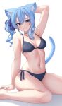  1girl absurdres animal_ears aoi_zerii arm_behind_head arm_support armpit_crease bikini black_bikini black_choker blue_eyes blue_hair blue_ribbon breasts cat_ears cat_girl cat_tail choker closed_mouth collarbone commentary extra_ears hair_between_eyes hair_ribbon highres hololive hoshimachi_suisei long_hair looking_at_viewer medium_breasts navel ribbon side-tie_bikini_bottom side_ponytail sidelocks simple_background sitting solo star_(symbol) star_in_eye swimsuit symbol_in_eye tail virtual_youtuber wariza white_background 