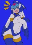  1girl absurdres android blue_background blue_eyes breasts buzzlyears clothes_lift crop_top fairy_leviathan_(mega_man) fang helmet highres looking_at_viewer medium_breasts mega_man_(series) mega_man_zero_(series) open_mouth shirt_lift simple_background smug solo upper_body 
