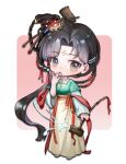  1girl :o absurdres black_eyes black_hair chibi chinese_clothes chinese_hairpin dipper eya_(athas) facial_mark forehead_mark full_body green_shirt hair_bun hair_ornament hand_to_own_mouth hand_up hanfu high-waist_skirt highres holding holding_spoon jiu_niangzi layered_sleeves liquid long_hair long_skirt long_sleeves looking_at_viewer red_background red_shawl reverse:1999 shawl shirt short_over_long_sleeves short_sleeves single_side_bun skirt solo spilling spoon standing tassel tassel_hair_ornament two-tone_background yellow_skirt 