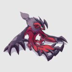  aiueo_(vhzr4444) bright_pupils commentary full_body green_eyes grey_background grey_fur highres looking_down no_humans pokemon pokemon_(creature) solo talons white_pupils yveltal 