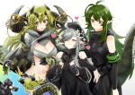  3girls ahoge antenna_hair arknights arm_at_side armband arms_up bare_shoulders black_gloves black_sleeves breasts cleavage closed_eyes crocodilian_tail cropped_shirt detached_sleeves estelle_(arknights) gavial_(arknights) gloves goggles goggles_around_neck green_armband green_hair grey_shirt hair_between_eyes hands_up heart hood hood_up horn_ornament horns iwashi_80 locked_arms long_hair looking_at_another looking_to_the_side material_growth midair midriff multiple_girls navel open_mouth oripathy_lesion_(arknights) partially_fingerless_gloves pointy_ears scar scar_on_face shirt short_hair_with_long_locks sideways_glance simple_background sleeveless sleeveless_shirt smile sparkle tail tomimi_(arknights) white_background yellow_eyes 