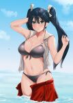  1girl absurdres aqua_eyes bangs bikini black_bikini blue_eyes blush breasts cleavage closed_mouth cloud day hair_between_eyes hair_ribbon hand_in_own_hair highres isuzu_(kancolle) jouzaburou_(joe3) kantai_collection large_breasts long_hair looking_at_viewer ocean open_clothes open_skirt outdoors red_skirt ribbon sailor_collar skirt sky solo swimsuit twintails wading water wet white_ribbon white_sailor_collar 