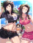  3girls aerith_gainsborough aerith_gainsborough_(floral_delight) bare_shoulders belt belt_buckle bikini black_hair blue_sky breasts brown_hair buckle cleavage closed_mouth cloud collarbone collared_shirt commentary crop_top day final_fantasy final_fantasy_vii final_fantasy_vii_rebirth final_fantasy_vii_remake flower frilled_sleeves frills frown green_eyes grey_shorts hair_flower hair_ornament highres large_breasts looking_at_viewer medium_breasts midriff multiple_girls navel official_alternate_costume open_mouth orange_tank_top outdoors parted_bangs parted_lips pink_skirt pink_top ponytail shimure_(460) shirt short_shorts short_sleeves shorts sidelocks skirt sky smile standing striped_clothes striped_shirt swept_bangs swimsuit swimsuit_under_clothes tank_top tifa_lockhart tifa_lockhart_(majestic_glamour) v wavy_hair white_background white_bikini white_shorts yuffie_kisaragi 
