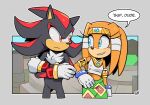  1boy 1girl armlet blue_eyes crossed_arms cylent_nite furry furry_female furry_male gloves grey_background looking_at_another master_emerald midriff outline red_eyes shadow_the_hedgehog signature sonic_(series) sonic_adventure tikal_the_echidna white_fur white_gloves white_outline 