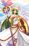  1girl absurdres ancient_greek_clothes armlet bare_shoulders breasts chain chiton circlet collarbone dress english_commentary forehead_jewel gold_chain greco-roman_clothes green_eyes green_hair highres holding holding_shield holding_staff jewelry kid_icarus kid_icarus_uprising large_breasts long_hair neck_ring palutena parted_bangs pendant sean_sorey shield single_thighhigh solo staff strapless strapless_dress thighhighs vambraces very_long_hair white_dress white_thighhighs 
