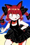  1girl :q alternate_costume animal_ears black_bow black_dress black_nails bollzzalguy bow cat_ears cat_girl closed_mouth dress hair_bow highres kaenbyou_rin looking_at_viewer medium_hair red_eyes red_hair sleeveless sleeveless_dress slit_pupils smile solo tongue tongue_out touhou 