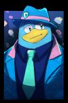  1boy alternate_costume bel_(doting123) blue_eyes blue_headwear collared_shirt commentary_request green_necktie jacket king_dedede kirby_(series) kirby_30th_anniversary_music_festival male_focus necktie open_clothes open_jacket shirt solo upper_body 