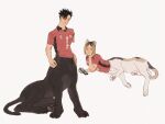  2boys animal_ears black_eyes black_hair brown_hair calico cat_boy cat_ears cat_tail centauroid chengongzi123 claws collared_shirt commentary full_body grin haikyuu!! head_rest highres kozume_kenma kuroo_tetsurou looking_at_viewer lying male_focus monster_boy monsterification multicolored_hair multiple_boys on_side panther_boy panther_ears panther_tail phone red_shirt shirt short_hair short_sleeves simple_background sitting smile sportswear symbol-only_commentary tail taur very_short_hair volleyball_uniform white_background 