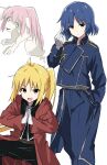  3girls absurdres ahoge amestris_military_uniform as_buppa belt black_jacket blonde_hair blue_hair blue_jacket blue_pants bocchi_the_rock! brown_belt coat collared_jacket commentary_request cosplay cube_hair_ornament dog edward_elric edward_elric_(cosplay) fullmetal_alchemist gloves gotoh_hitori hair_ornament hand_in_pocket highres ijichi_nijika jacket long_hair long_sleeves magic_circle military_jacket military_uniform multiple_girls one_side_up open_clothes open_coat own_hands_together palms_together pants pink_hair red_coat roy_mustang roy_mustang_(cosplay) short_hair shou_tucker&#039;s_chimera shou_tucker&#039;s_chimera_(cosplay) side_ponytail simple_background snapping_fingers uniform white_background white_gloves yamada_ryo yellow_eyes 