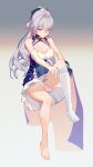  1girl absurdres bangs bare_shoulders breasts bronya_zaychik bronya_zaychik_(silverwing:_n-ex) cleavage closed_mouth comet_(user_fjsa4577) dress drill_hair full_body grey_eyes grey_hair hair_ornament highres honkai_(series) honkai_impact_3rd invisible_chair no_shoes panties single_sleeve single_thighhigh sitting sleeveless sleeveless_dress smile solo thighhighs toes underwear white_dress white_panties white_sleeves white_thighhighs 